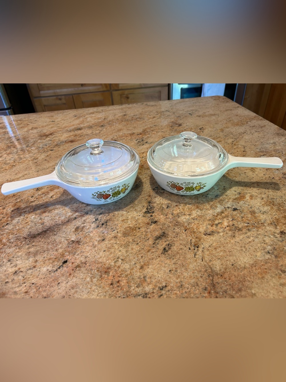 Corning French “La Sauge” P-81-B Spice of Life w/Pyrex glass lid P-81-C Set of 2